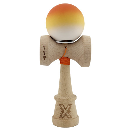 Kendama X Originala, Profesionala, Cyrax, Cupe Mari KING SIZE V3, Rubber Grip, Gaura in Baza, Rulment Metalic, din lemn 18 cm, Ata 62/65 cm, Gradient Portocaliu/Galben/Alb