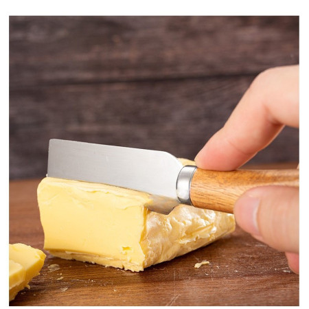 Set 4 cutite pentru branza Cyrax, din otel inoxidabil, maner din lemn de salcam, pentru branza sau unt, 15 x 6.3 x 3 cm, argintiu