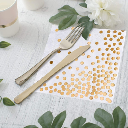 Set 20 de Servetele de Masa, Cyrax, Imprimeu cu Buline Aurii, din Hartie, 17 x 17 cm, Alb