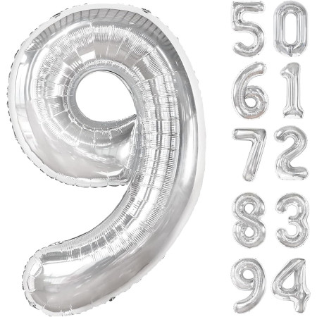 Balon din Folie Metalizata, Cyrax, Figurina Cifra, Tema Aniversare 100 cm, Ambalaj Individual, Pai inclus, Umflare cu Aer sau Heliu, Argintiu, Cifra 9