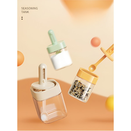 Recipient pentru Depozitarea Condimentelor, Cyrax, Borcan din Sticla, Capac si Lingura Incorporate, Uz Casnic, 300 ml, 7.1x7.1x14.8 cm, Portocaliu