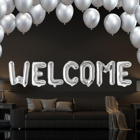 Set Baloane din Folie Metalizata, Cyrax, Model WELCOME!, Litere de 40 cm, Baloane Party, Ambalaj Individual, Pai Inclus, Umflare cu Aer sau Heliu, Argintiu