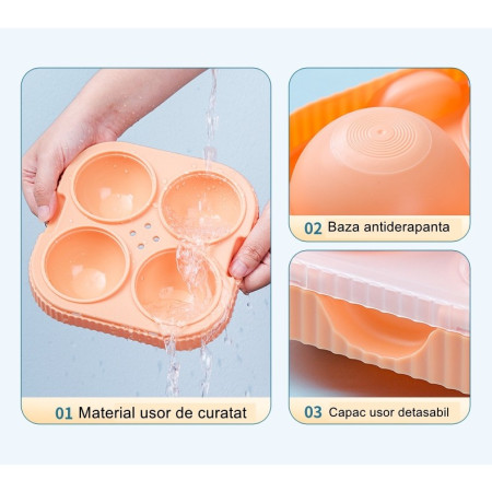 Set 2 forme sfere de gheata pentru wiskey si cocktail-uri Cyrax, 4 sfere, material plastic/silicon alimentar, diametru 6.5 cm, cu orificiu tip palnie pentru umplere, 17 x 17 x 7 cm, multicolor