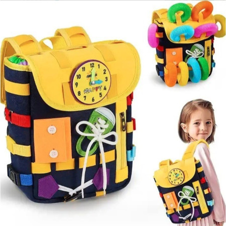 Ghiozdan Montessori, Cyrax, pentru Copii 2-6 ani, Fidget Pop, cu Catarame si Fermoare, Jucarii Senzoriale, Activitate de Invatare prin Joc, Albastru Marin, 0.25 kg, 28x10x23 cm