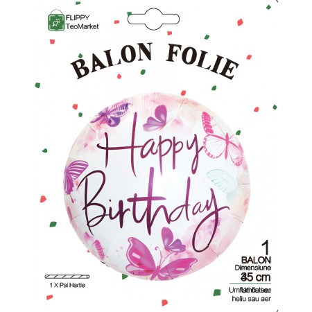 Balon din Folie Metalizata, Cyrax, Mini Figurina Rotunda, Model Happy Birthday Fluturasi, Tema Aniversare, 45 cm, Ambalaj Individual, Pai inclus, Umflare cu Aer sau Heliu, Roz