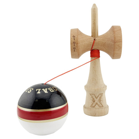 Kendama X ROYAL SPIKE Originala, Profesionala, Cyrax, Big Cups V2, Super Sticky cu Cupe Mari, Rulment Metalic, din lemn 18 cm, Ata 55 cm, Negru/Rosu Gold/Alb