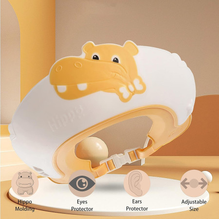 Cyrax Viziera de Protectie Baie Pentru Copii, Fippy, Model Hipopotam, Dimensiune ajustabila, Durabil, Usor de curatat, Impotriva Samponului, pentru Ochi si Urechi, TPE+PP, 22x21 cm, Galben