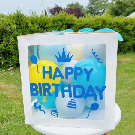 Cutie pentru Baloane, Cyrax, Tematica Aniversare, Model Scris Happy Birthday, Baloane Albastre, Albe, Galbene si Panglica Incluse, Contur Alb, Transparenta, 30x30 cm