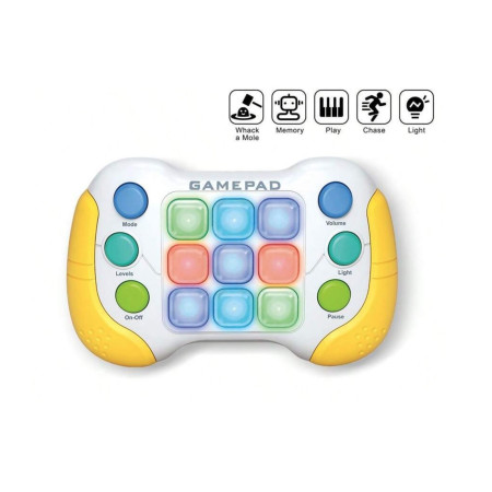 Jucarie Interactiva Cyrax, Tip Consola Pop It, 6 butoane functionale, 5 Moduri de Joc, 600 Niveluri, + 3 ani, Galben/Gri