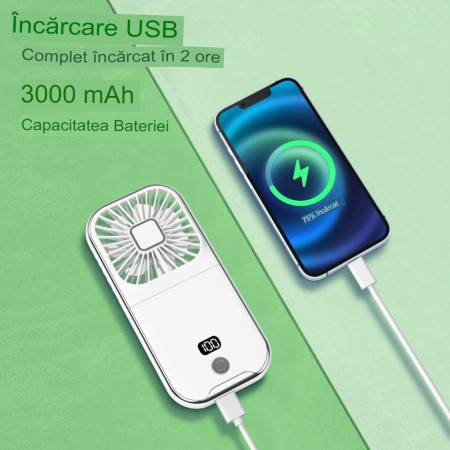 Ventilator Portabil  3 in 1, de Mana, de Gat, de Birou, 16.7 x 8 x 1.9 cm, 3 Trepte de Viteza, Incarcare USB, Pliabil, Afisaj Digital, Suport Telefon, Alb