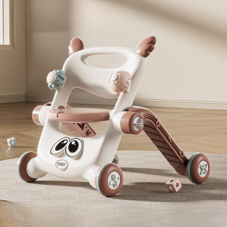 Antemergator pentru Copii 8 in 1, Cyrax, Multifunctional, cu Maner de Impingere Detasabil, Scuter, Trotineta, Scaun Reglabil, Tavita Detasabila, Stabil, Antiderapant, 4 Roti, 56x44x64cm, 9-12 Luni, Maro