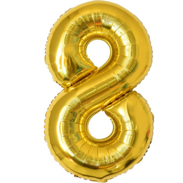 Balon din Folie Metalizata Cyrax, Figurina Cifra, Tema Aniversare 80 cm, Ambalaj Individual, Pai inclus, Umflare cu Aer sau Heliu, Auriu, Cifra 8