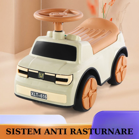 Masinuta Ride-On Cyrax, cu Sistem Anti-Rasturnare, Sistem de Lumini si Muzica, Cutie de Depozitare, 1-6 Ani, 58 x 28 x 37 cm, Maro