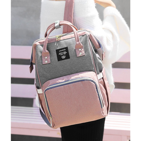 Rucsac Multifunctional pentru Mamici, Cyrax, din Panza Oxford, Compartimentare Multipla, Impermeabil, 43 x 18 x 26 cm, Roz/Gri