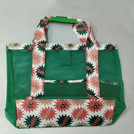 Geanta de Plaja, Cyrax, din Plasa Transparenta, Imprimeu Boom, 43 x 10 x 33 cm, Model pentru Umar, Lungime Inferioara 33 cm, Verde