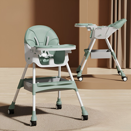Scaun de Masa pentru Bebelusi si Copii, Cyrax, cu Roti, Telescopic, Pliabil, Masuta Reglabila, Suport Picioare, Scaun cu Invelis Piele Artificiala, Centura Siguranta, Spatiu Depozitare, 97x73x65 cm, Verde