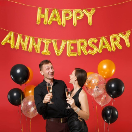 Set Baloane din Folie Metalizata, Cyrax, Model Happy Anniversary, Litere de 40 cm, Baloane Party, Ambalaj Individual, Pai Inclus, Umflare cu Aer sau Heliu, Auriu