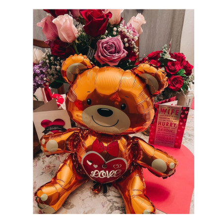 Balon din Folie Metalizata, Cyrax, Figurina Urs, Model Love, Tema Ziua Indragostitilor, 60x63cm, Ambalaj Individual, Pai Inclus, Umflare cu Aer sau Heliu, Maro