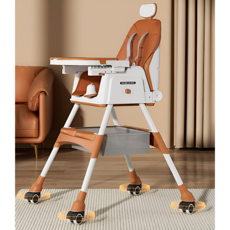 Scaun de Masa pentru Bebelusi si Copii Cyrax, cu Roti, cu Tetiera, Telescopic, Pliabil, Masuta Reglabila, Suport Picioare, Scaun cu Invelis Piele Artificiala, Centura Siguranta, Spatiu Depozitare, 97 x 73 x 65 cm, Maro