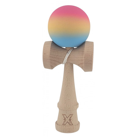 Kendama X Originala, Profesionala, Cyrax, din Lemn, Rubber Grip, 18 cm, Roz/Galben/Albastru