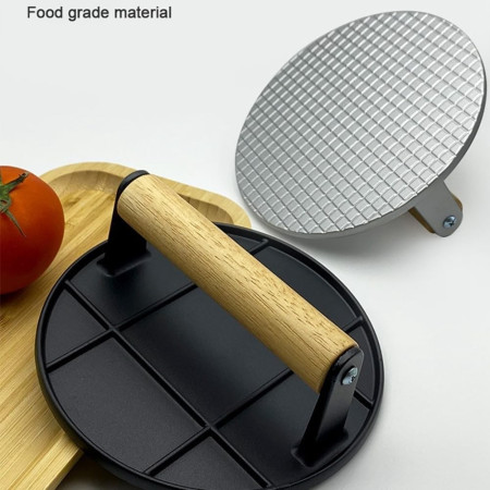 Presa Manuala pentru Carne, Cyrax, din Aliaj de Aluminiu, Maner din Lemn, Presa pentru Burgeri, Usor de Curatat si Folosit, Rotunda, 16x16x6 cm, Gri