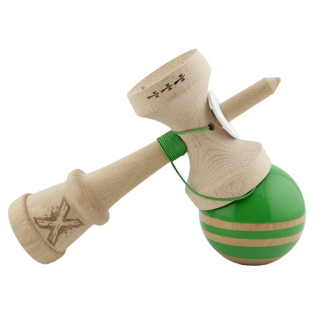 Kendama X Originala RAINBOW, Profesionala, Cyrax, Cupe Mari KING SIZE V3, Super Sticky, Gaura in Baza, Rulment Metalic, din lemn 18 cm, Ata 55 cm, Verde/Maro