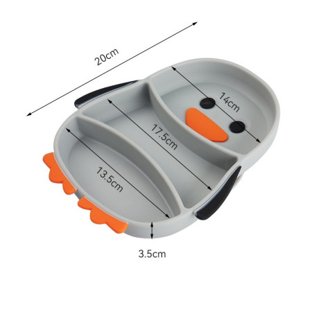 Set diversificare bebelusi Cyrax, din silicon, 23.5 x 12.5 cm, 1 farfurie compartimentata in forma de pinguin, lingurita si furculita, pai, perie pai, fara alergeni, ventuza fixare,  forma creativa,  gri