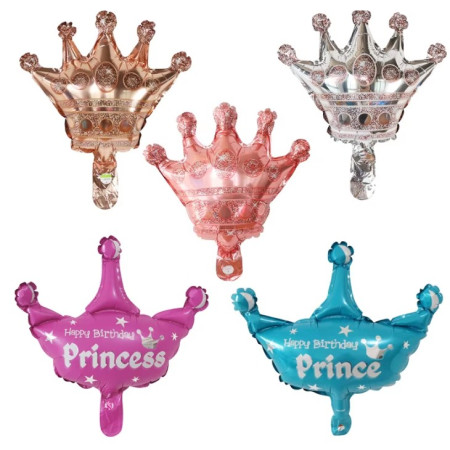 Balon din Folie Metalizata, Cyrax, Mini Figurine, Model Coroana de Printesa, Tematica Aniversare, 42x38 cm, Ambalaj Individual, Pai Inclus, Umflare cu Aer sau Heliu, Roz