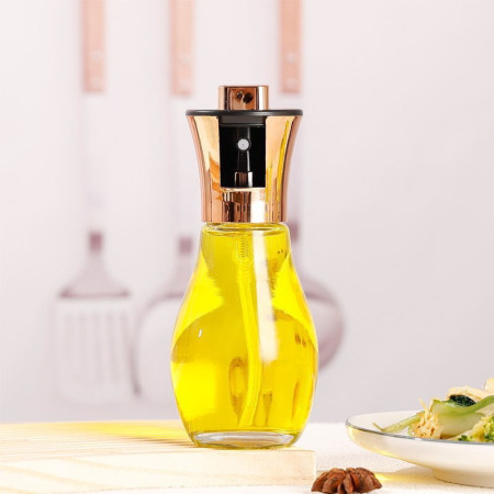 Sticla de ulei cu Pulverizator, Cyrax, Sticla pentru Lichide de Bucatarie, Otet, Sos, 16.7 x 5.2 cm, Volum 200 ml, Roz Gold