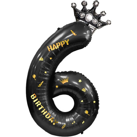Balon din Folie Metalizata Cyrax, Figurina Cifra si Coroana, Scris Happy Birthday, Tema Aniversare 100 cm, Ambalaj Individual, Pai inclus, Umflare cu Aer sau Heliu, Negru, Cifra 6