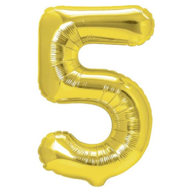 Balon din Folie Metalizata Cyrax, Figurina Cifra, Tema Aniversare 40 cm, Ambalaj Individual, Pai inclus, Umflare cu Aer sau Heliu, Auriu, Cifra 5
