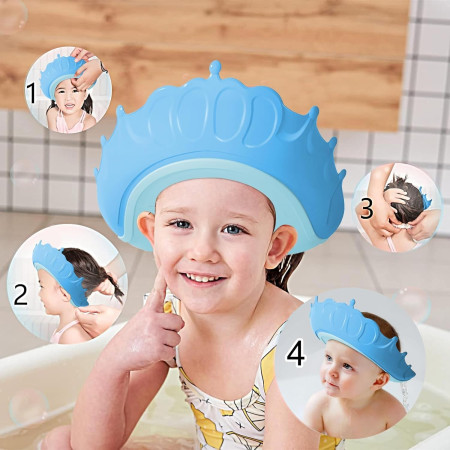 Cyrax Viziera de Protectie Baie Pentru Copii, Fippy, Model Coronita, Dimensiune ajustabila, Durabil, Usor de curatat, Impotriva Samponului, pentru Ochi si Urechi, TPE+PP, 24x22 cm, Albastru