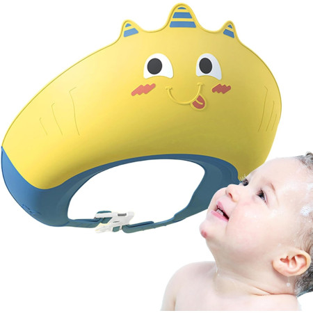 Casca de Dus, Cyrax, Previne Scurgerea Apei si Samponului pe Fata, 0-12 Ani, Ajustabila, din TPE+PP, 20 x 23 cm, Model Unicorn, Galben/Albastru