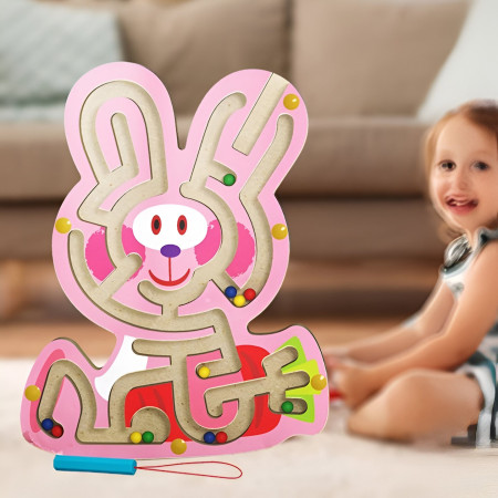 Joc Montessori cu Bile, Cyrax, Creion Magnetic, Tip Labirint, din Lemn, Model Iepuras, 19.5x15.5 cm, Roz