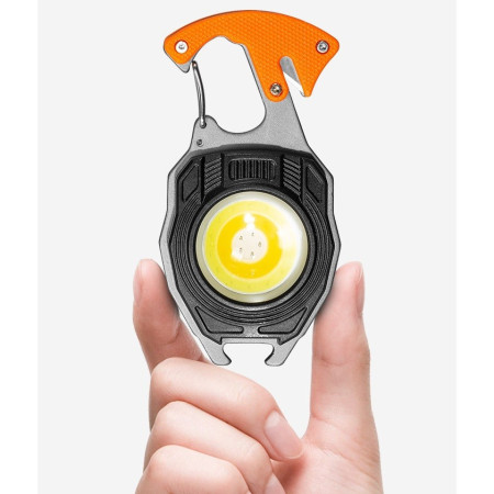 Breloc Multifunctional,  Model W5147, Kit Supravietuire, Lanterna, Bricheta, Fluier, din ABS/Aluminiu, Alimentare USB, Negru/Portocaliu