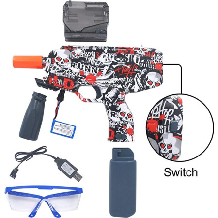 Mitraliera de jucarie electrica Cyrax cu bile de hidrogen de gel, gun bluster, tragere in rafala, varsta peste 6 ani, ochelari de protectie, 5000 de bile incluse, cablu de incarcare, 40.1 x 31.6 cm, Mp9, rosu