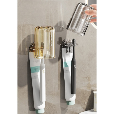 Suport Multifunctional 2 in 1, Pahar si Suport pentru Periuta de Dinti,  Plastic, Dimensiune: 10.4 x 7.3 x 7.3 cm, Albastru