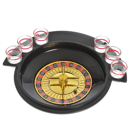 Joc de Baut Ruleta Cyrax, cu 6 Pahare de Shot din Sticla , 30 x 26.5 x 6.5 cm, Rosu/Negru