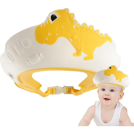Cyrax Viziera de Protectie Baie Pentru Copii, Fippy, Model Dinozaur, Dimensiune ajustabila, Durabil, Usor de curatat, Impotriva Samponului, pentru Ochi si Urechi, TPE+PP, 22x21 cm, Galben