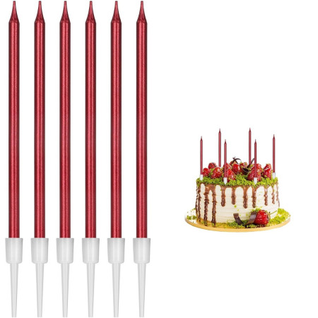 Set 6 Lumanari de Tort, Cyrax, din Parafina, 11 x 0.4 cm, Lucioase, Rosu