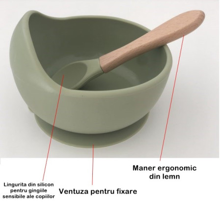 Set 8 piese diversificare bebelusi si copii din silicon Cyrax, baveta, farfurie compartimentata cu ventuza, bol cu ventuza, tacamuri din lemn si silicon, cana pentru gustari, fara alergeni, verde inchis