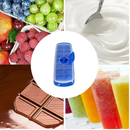 Forma pentru cuburi de gheata Cyrax, 14 cuburi, reutilizabil, plastic alimentar, cu capac, orificiu umplere, dreptunghiulara, 29.5 x 12.5 x4 cm, albastru