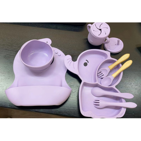 Set 10 Piese Servire Masa. Cyrax, pentru Bebelusi si Copii, din Silicon/Lemn, cu Ventuze Anti-alunecare, fara Alergeni. +6 Luni, Model Elefant, Mov