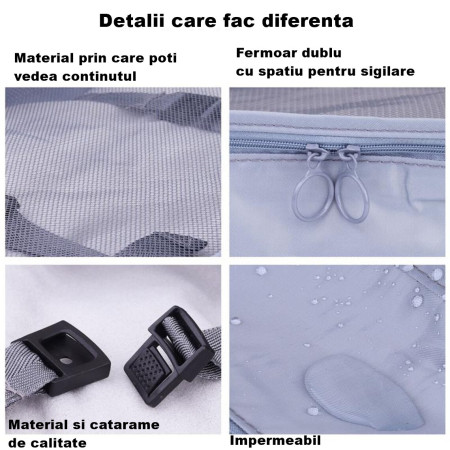 Set 8 huse organizare bagaj  material poliester, impermeabil, cu fermoar, pentru calatorii sau dulap, sac pentru pantofi inclus, pliabil, gri