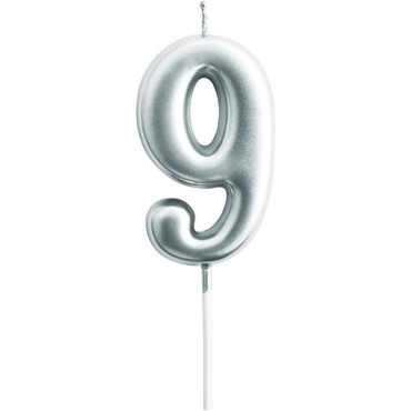Lumanare de Tort, Cyrax, Model Cifra 9, Party, 4.5 x 2.5 cm, din Parafina, Argintiu