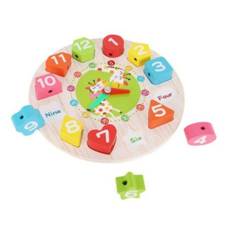 Jucarie Educativa Cyrax, Tip Montessori, Model Ceas Girafa, din Lemn, + 36 Luni, 12 Piese, 17 cm, Multicolor
