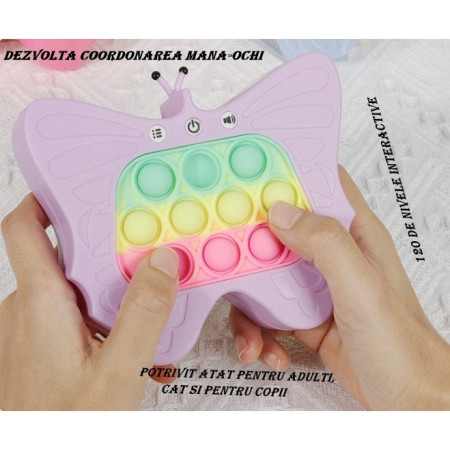 Jucarie Interactiva Tip Consola pentru Copii, Cyrax, Diferite Moduri de Joc, 120 Nivele, Material ABS/silicon, Sunete si Lumini, 12 x 5.5 x 13.5 cm, Model Fluture, Mov