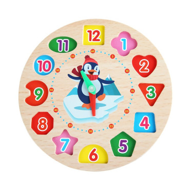 Jucarie Educativa Cyrax, Tip Montessori, Model Ceas Pinguin, din Lemn, + 36 Luni, 12 Piese, 17.2 cm, Multicolor
