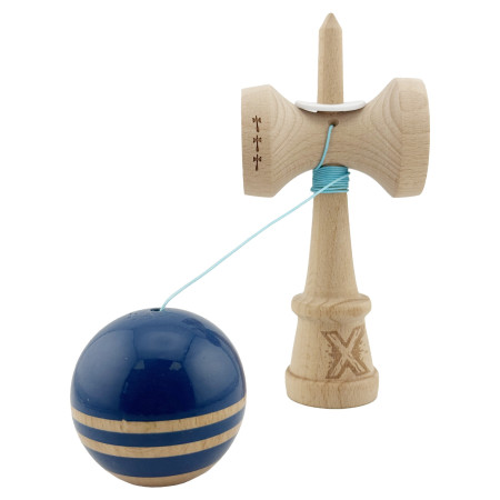 Kendama X Originala RAINBOW, Profesionala, Cyrax, Cupe Mari KING SIZE V3, Super Sticky, Gaura in Baza, Rulment Metalic, din lemn 18 cm, Ata 55 cm, Albastru/Maro
