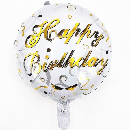 Balon din Folie Metalizata, Cyrax, Mini Figurina Rotunda, Model Happy Birthday, Tema Aniversare, 45 cm, Ambalaj Individual, Pai inclus, Umflare cu Aer sau Heliu, Argintiu